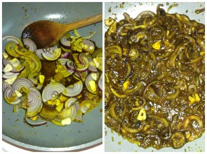 Left - onions going into pan. Right - Onions after 8 minutes